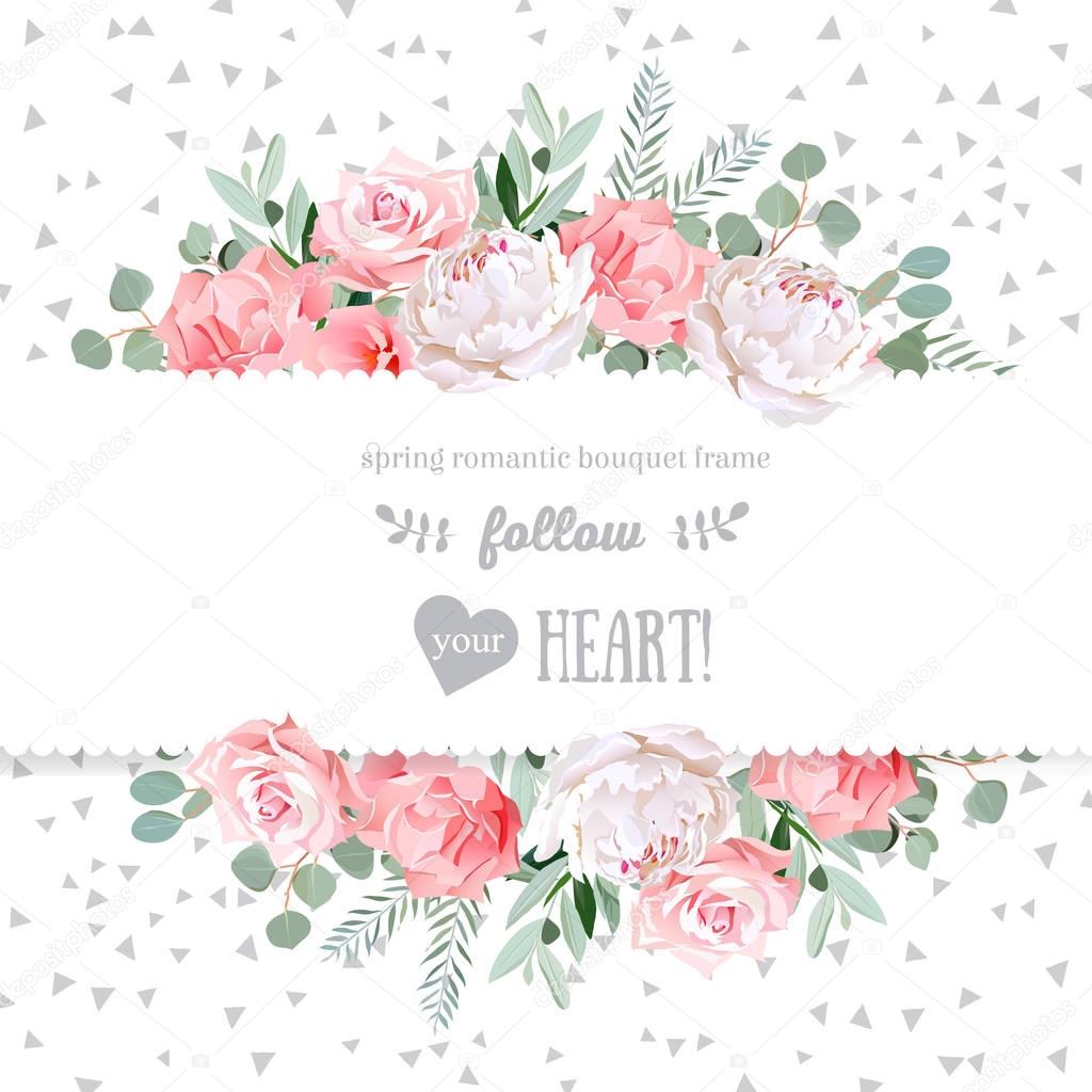 Rose, carnation, peony, pink flowers and decorative eucaliptus l