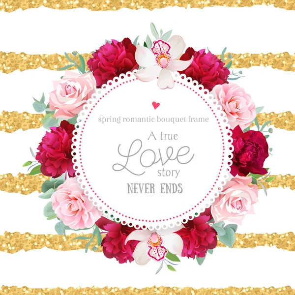 Zarif bordo kırmızı peonies, orkide, gül, kamelya, okaliptüs