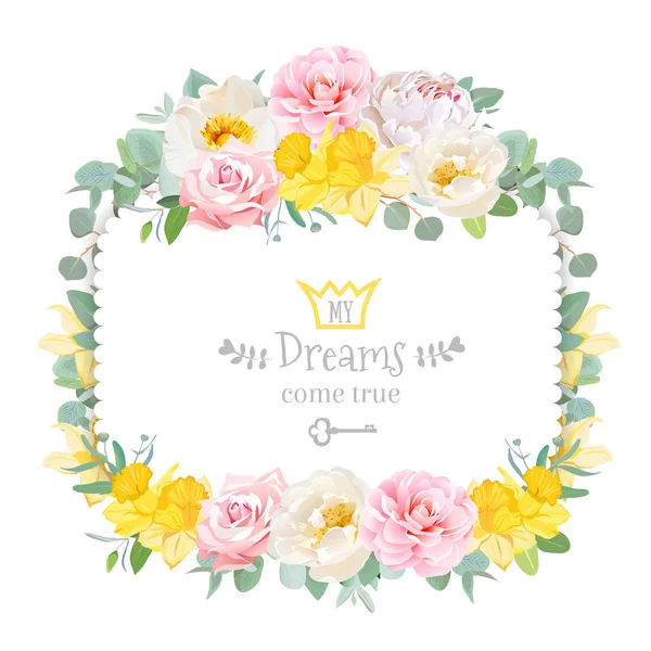 Schattig floral vierkante vector design frame met wilde roos, narcis — Stockvector