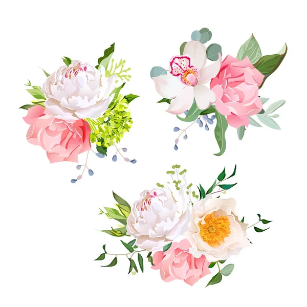 Stylish mix of flower bouquets vector design set. Green hydrange