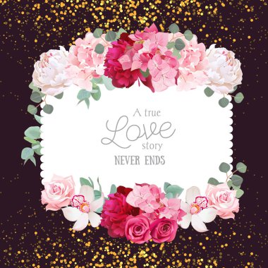 Çiçek vektör tasarım kare kartı ile altın glitter karanlık backgr