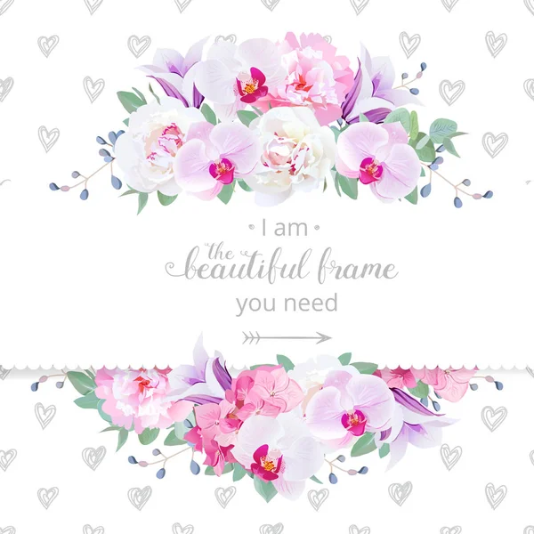 Bröllop blommor vektor design horisontell kort. Rosa och vit pion, lila orkidé, hortensia, violett campanula blommor ram — Stock vektor