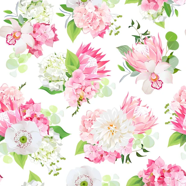 Весной смешанные букеты розовых гортензий, Протея, белого мака, да — стоковый вектор