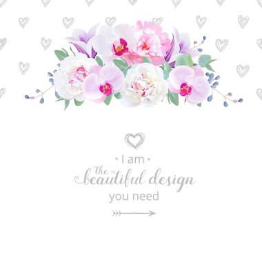 Düğün Çiçek vektör tasarım yatay kartı. Pembe ve beyaz peo