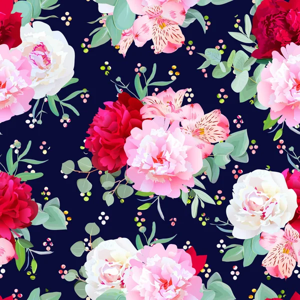 Marine Blumen nahtlosen Vektor-Print mit bordeauxroter und rosa peo — Stockvektor