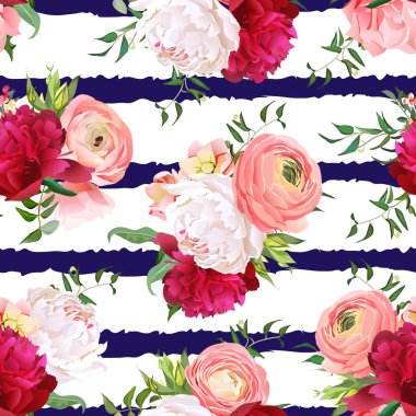 Şarap rengi kırmızı ve beyaz peonies, Düğünçiçeği, gül sorunsuz vektör