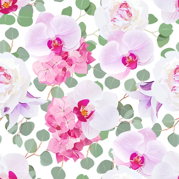 Peônia branca, hortênsia rosa, orquídea roxa, campanula violeta e —  Vetores de Stock