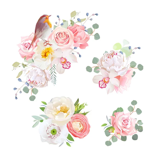 Spring delicate bouquets and cute robin bird vector design objec — Stock Vector