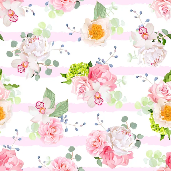 小春天的玫瑰、 牡丹、 山茶、 兰花、 carnatio 的花束 — 图库矢量图片