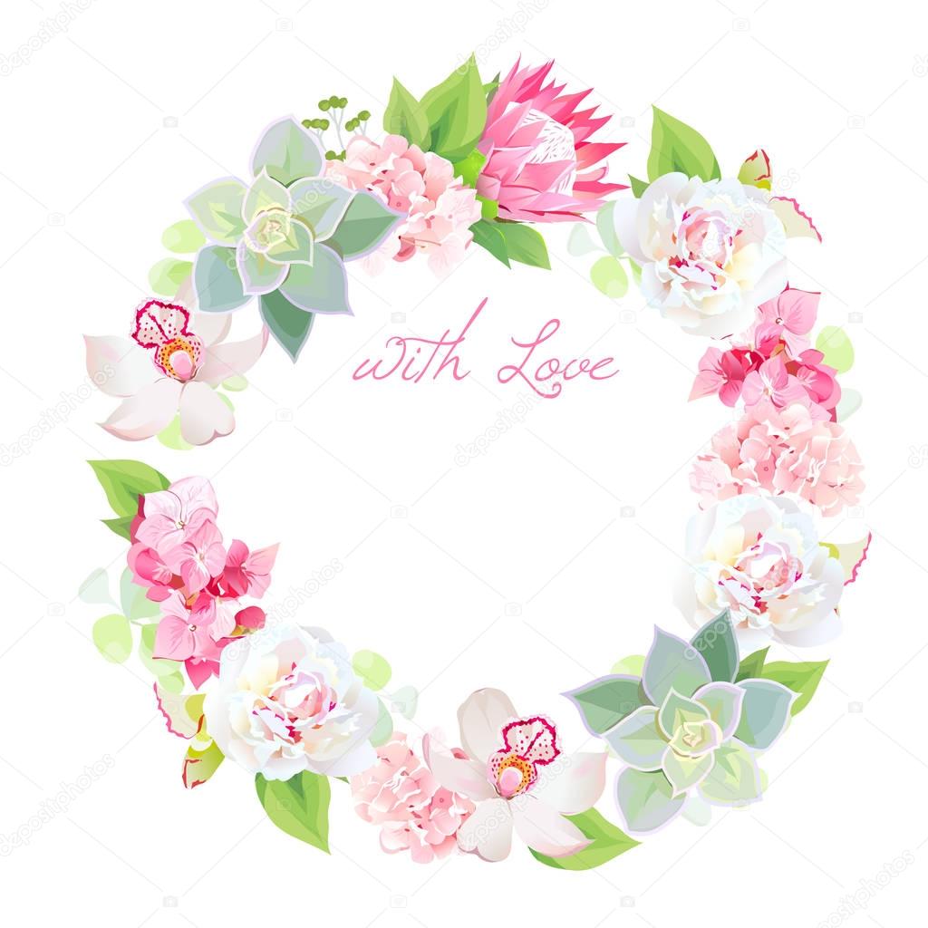 Spring flowers and succulents vector design round frame