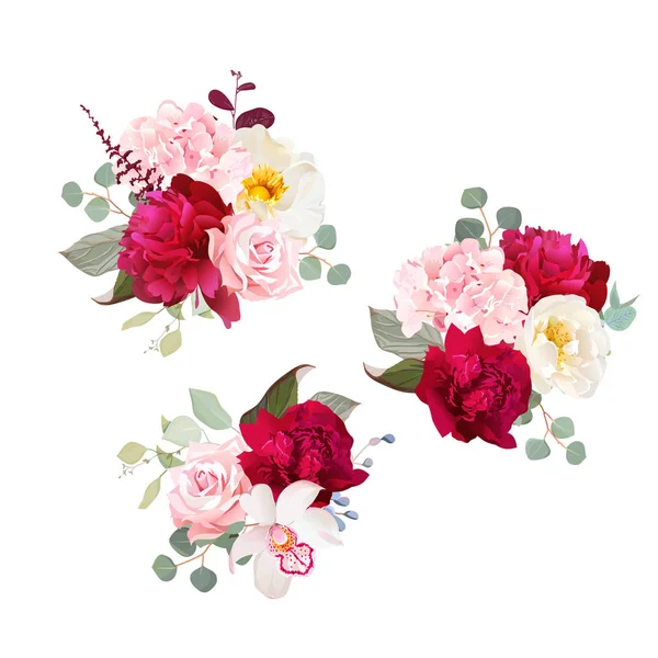 Подарочные букеты роз, пионов, зеленых и розовых гортензий, орхидеи — стоковый вектор
