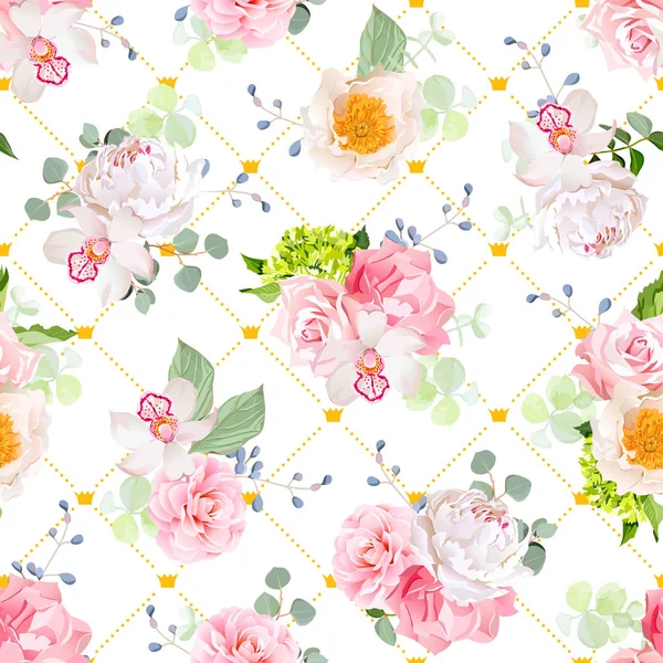 Petits bouquets de printemps de rose, pivoine, camélia, orchidée, carnatio — Image vectorielle