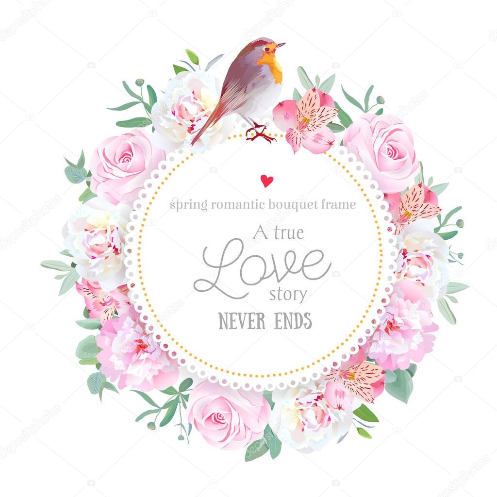 Floral vector round card with white and pink peony, rose, alstro
