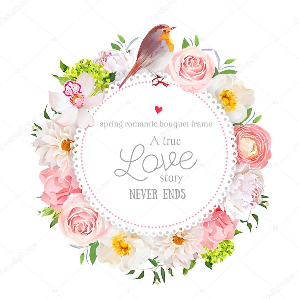 Floral vector round card with white peony, peachy rose and ranun