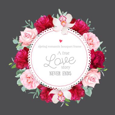 Zarif bordo kırmızı peonies, orkide, gül, kamelya, okaliptüs