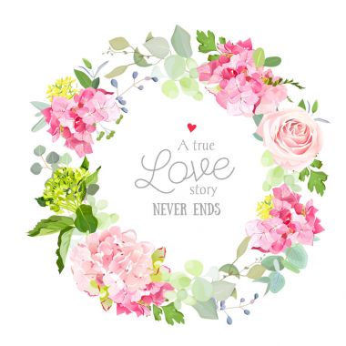 Gül, ortanca bahar karışımı, otlar vektör çerçeve yuvarlak.