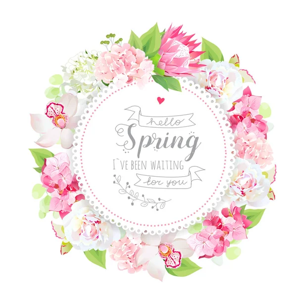 Spring floral vector round card with flowers and plants - Stok Vektor