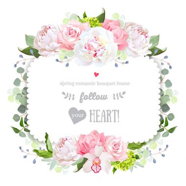 Şakayık, gül, karanfil, orkide ile hassas kare vektör çerçeve