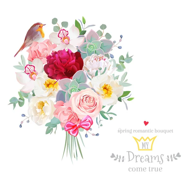 Bouquet organizzato da fiori e set di disegno vettore uccello pettirosso — Vettoriale Stock