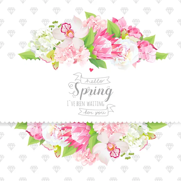 Flores de primavera e folhas cartão de design vetorial horizontal — Vetor de Stock