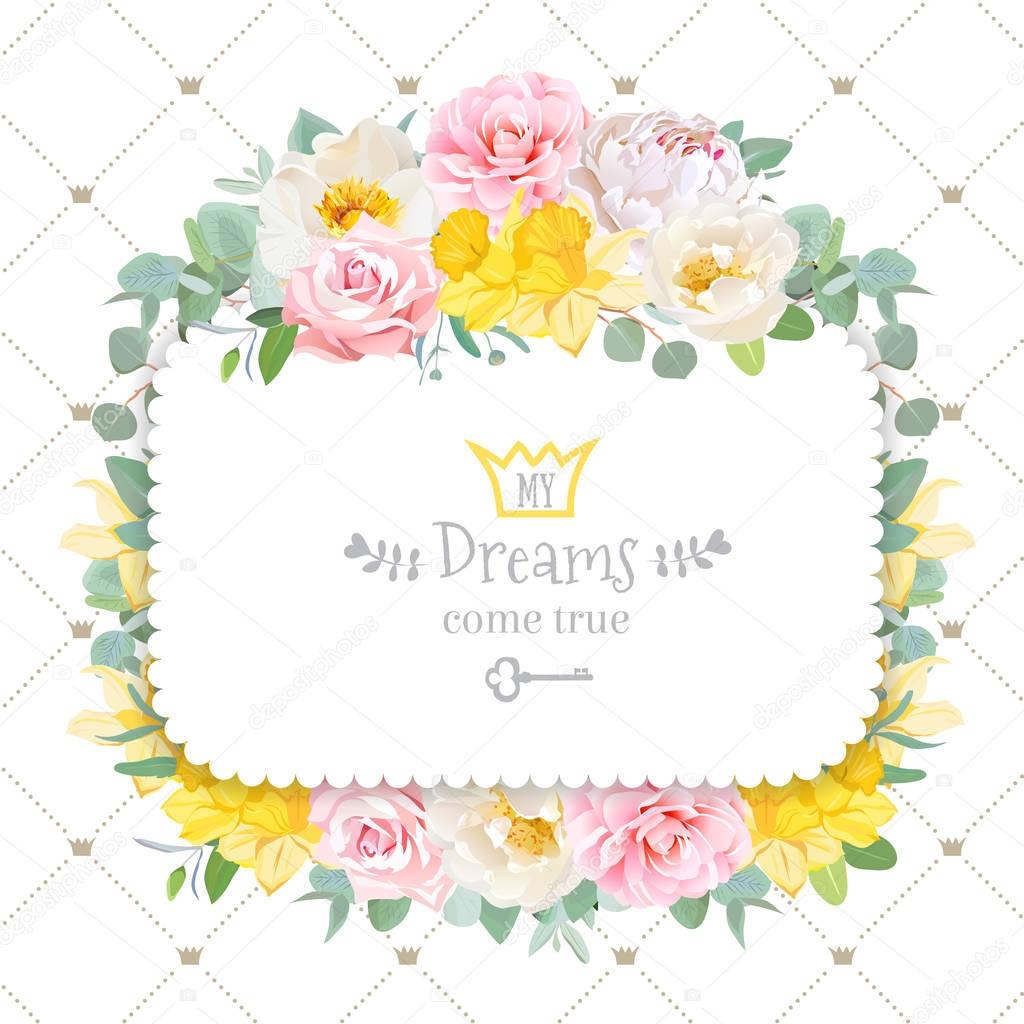 Cute floral square vector design frame with wild rose, narcissus