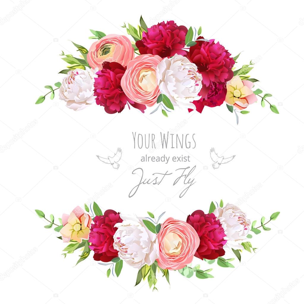 Burgundy red and white peonies, pink ranunculus, rose vector des