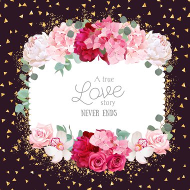 Çiçek vektör tasarım kare kartı ile altın glitter karanlık backgr