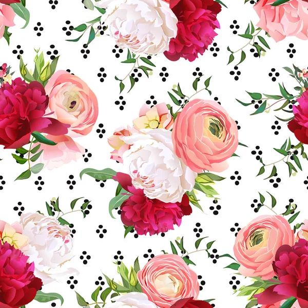 勃艮第的红、 白牡丹、 花毛茛、 玫瑰无缝矢量 — 图库矢量图片