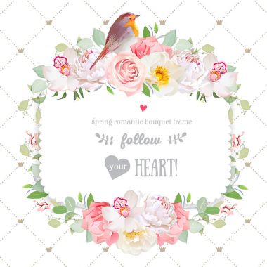 Kare vektör tasarım çerçeve çiçek ve robin kuş ile