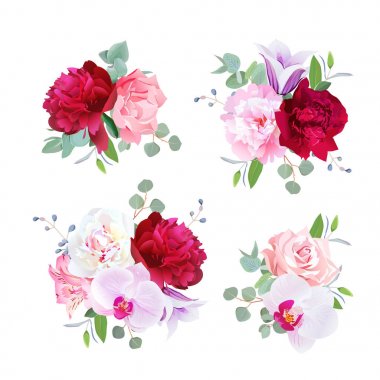 Romantik hediye buketleri mor, pembe, şarap rengi kırmızı ve beyaz
