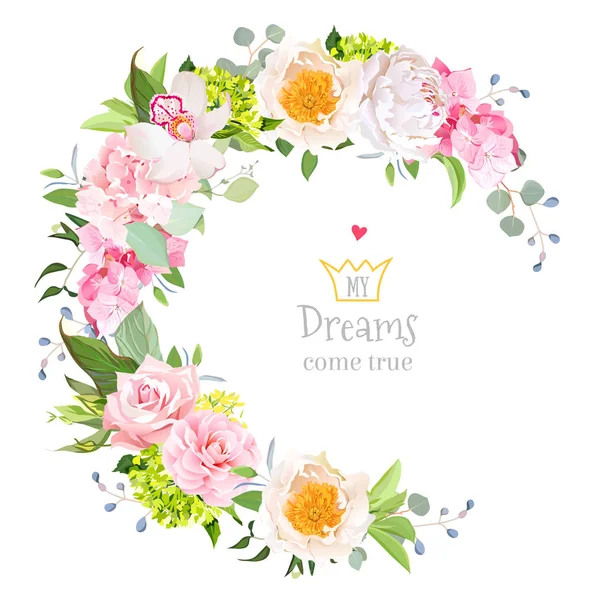 Cadre de bouquet en forme de croissant avec fleurs mixtes — Image vectorielle
