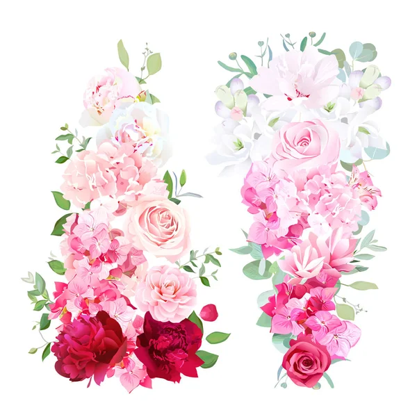 Delicate wedding ombre bouquets of rose, peony, camellia, hydran — Stock Vector
