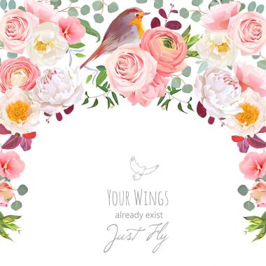 Yarım daire çelenk çerçeve çiçek ve kuş ile