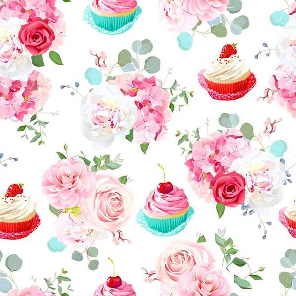 Rosa, peonía, hortensias, camelia, sabrosos cupcakes vector sin costuras — Archivo Imágenes Vectoriales