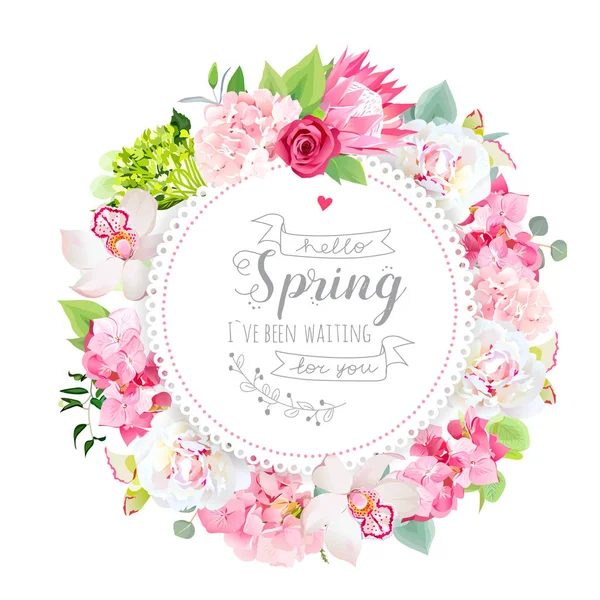 Sommer Blumen Vektor runde Karte mit rosa Hortensien — Stockvektor