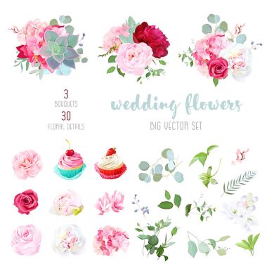 Blooming wedding flowers, tasty cupcakes and leaves big vector c clipart