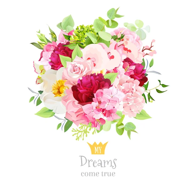 Bouquet estivo di ortensia, peonia rosso bordeaux, rosa, orchidea, c — Vettoriale Stock