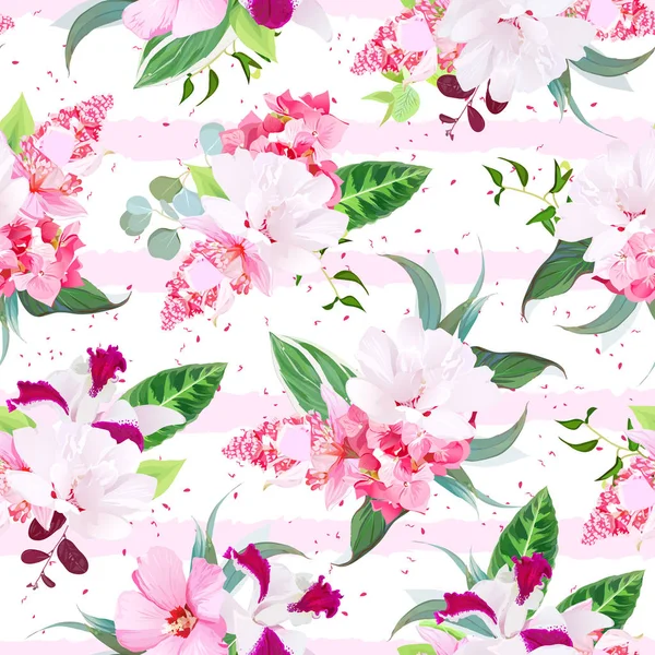 エキゾチックな熱帯の花の花束のシームレスなベクトル印刷 — ストックベクタ