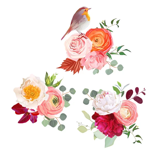 Autumn flowers mix and cute robin bird vector design bouquets — Stock Vector