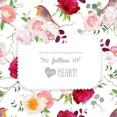 Çiçekler ve kuşlar ile vektör tasarım kare kare