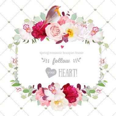 Çiçek ve robin kuş ile sonbahar dekorasyon kare çerçeve
