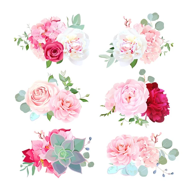 Pequeños ramos de boda de peonía, hortensias, camelia, rosa, succ — Vector de stock