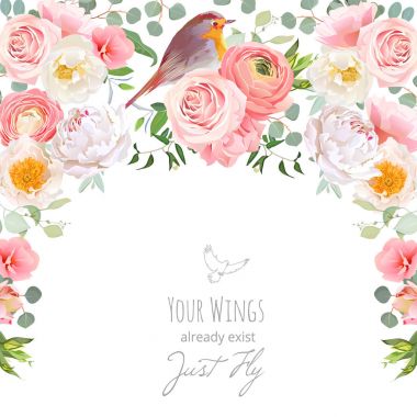 Yabani gül, Şakayık, pembe Düğünçiçeği ile yarım daire çelenk çerçeve