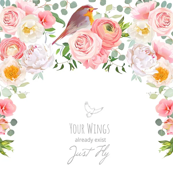 Yabani gül, Şakayık, pembe Düğünçiçeği ile yarım daire çelenk çerçeve