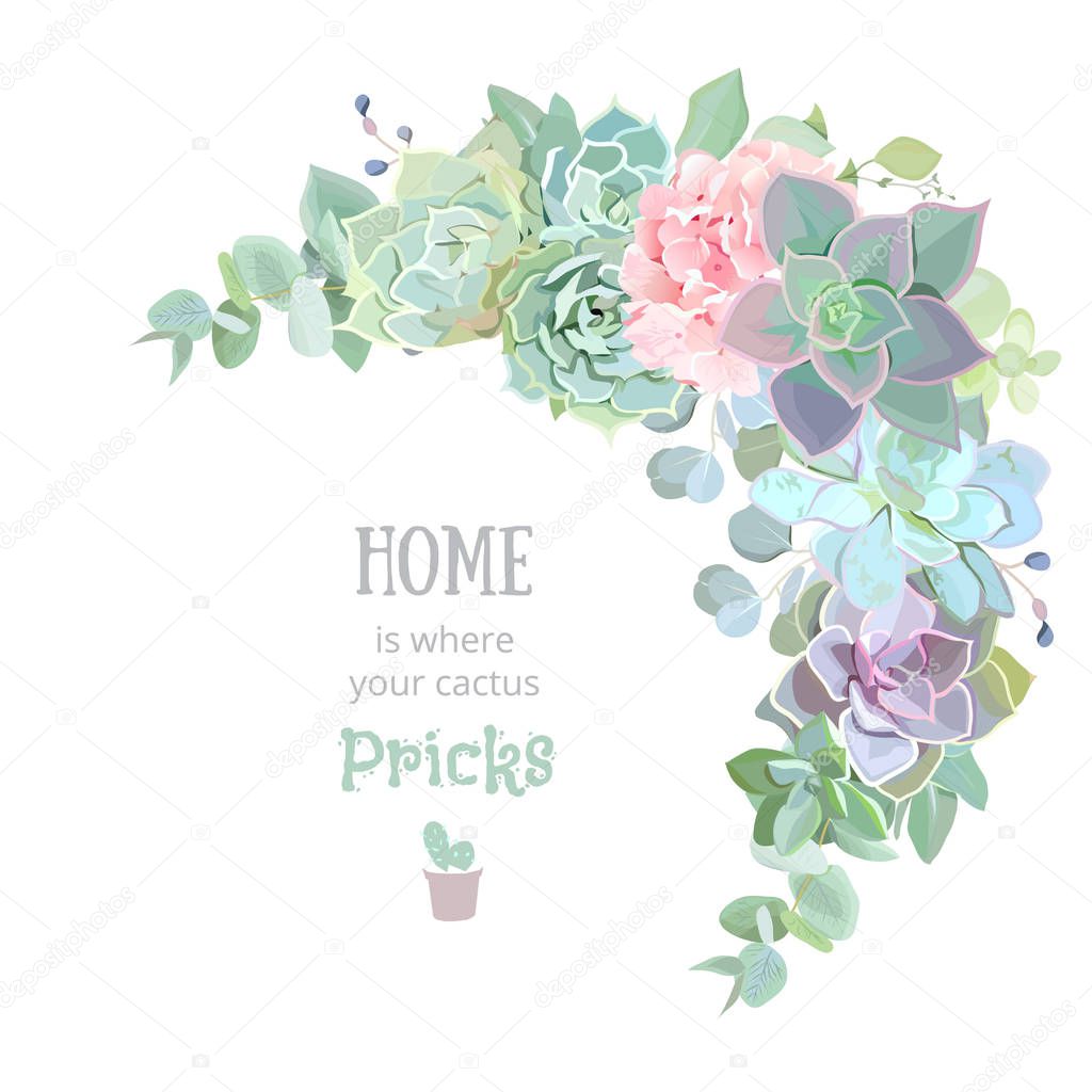 Wild desert floral crescent shaped vector frame with succulents