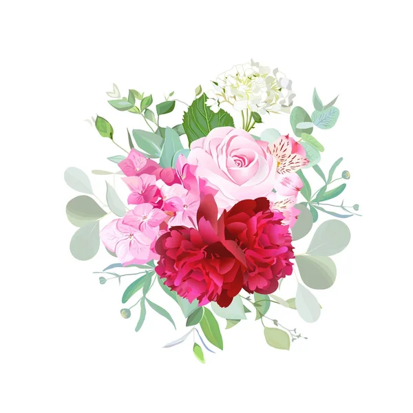 玫瑰，勃艮第红牡丹花束、 粉色和白色绣球花 — 图库矢量图片