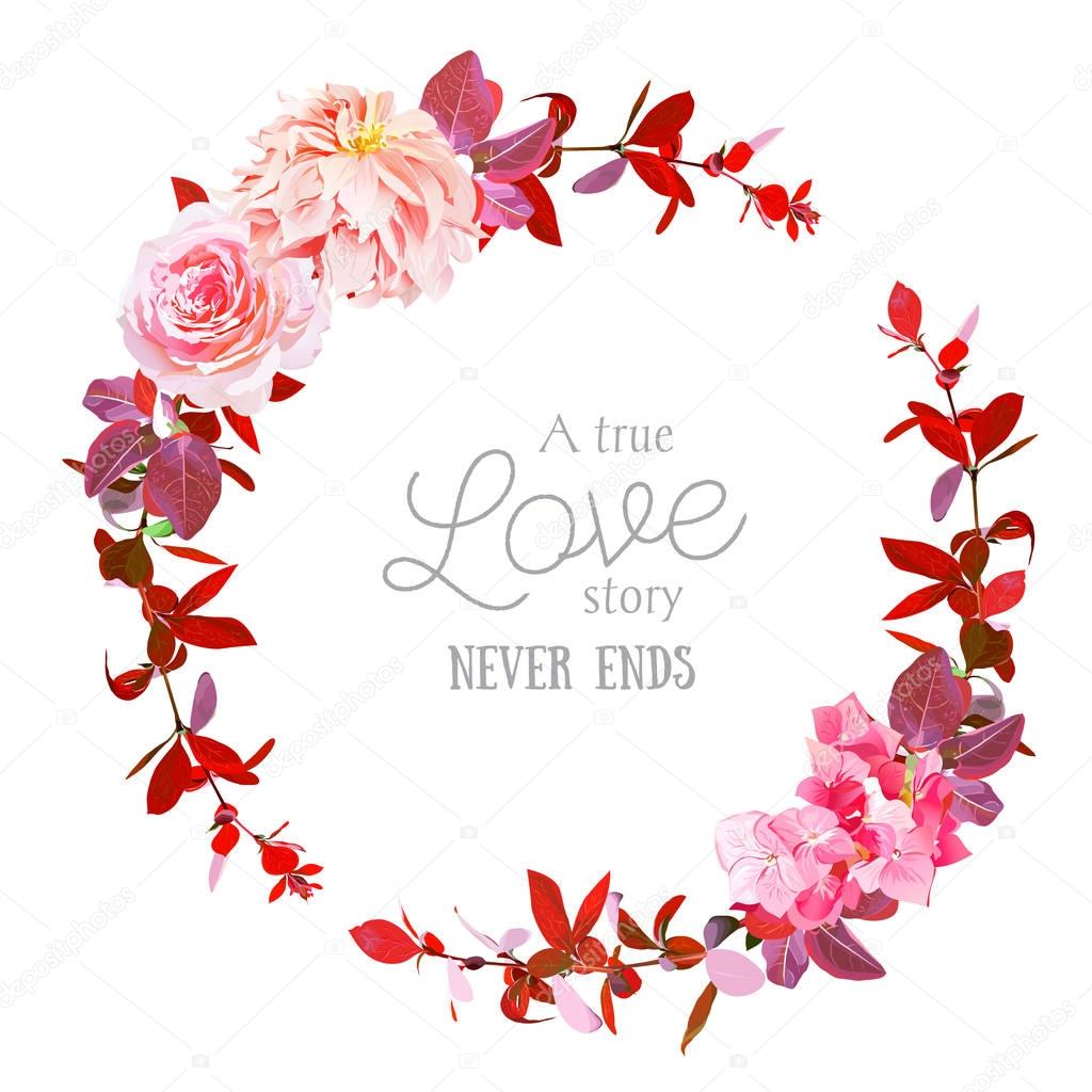 Autumn floral vector round frame with rose, japanese dahlia, hyd