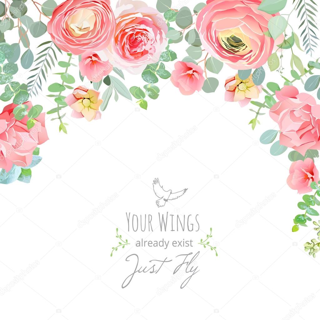 Carnation, rose, ranunculus, pink and peachy flowers card