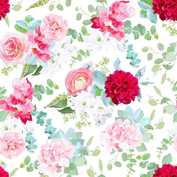 Rosa rosa, camelia, dalia roja, hortensias, suculentas azules, whi — Vector de stock