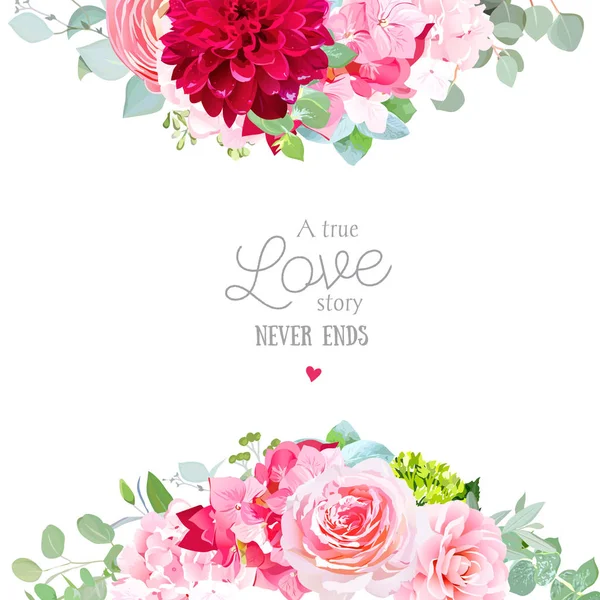 Marco de banner vector floral con rosa rosa, hortensias , — Vector de stock